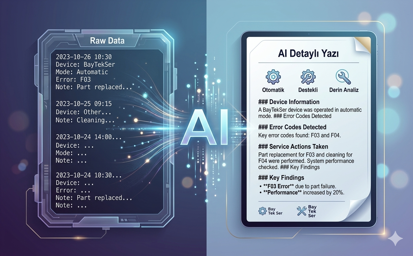 Yapay zeka ile düzenlenmiş teknik servis rapor detay metni örneği